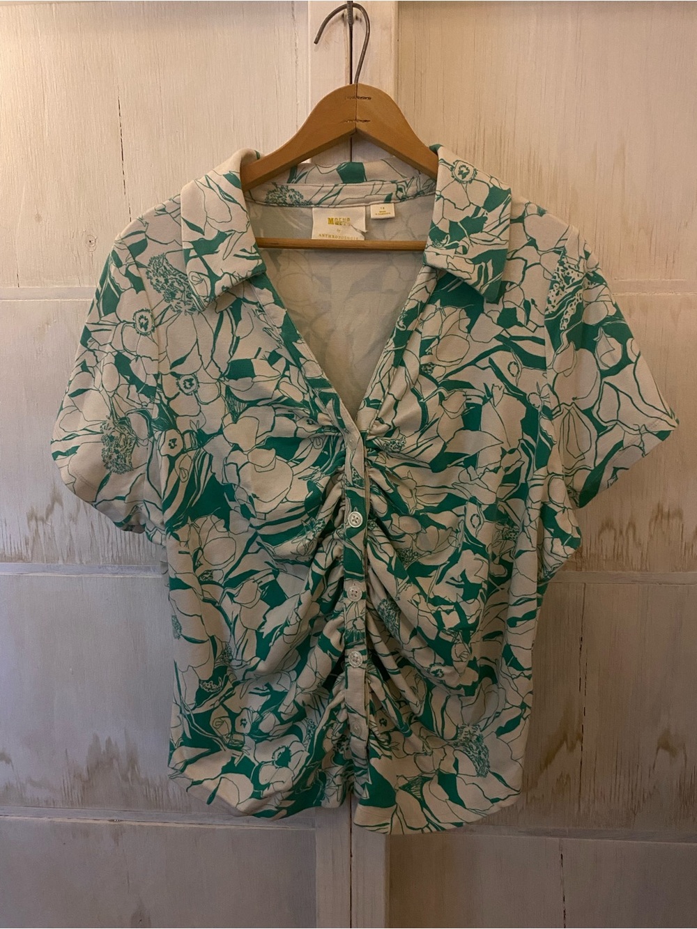 Anthropologie Maeve 1X Green and Cream Floral Twist-Front Button Down Top